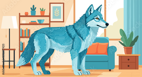 Digital wolf stands in a cozy room with furniture, plants, and artwork