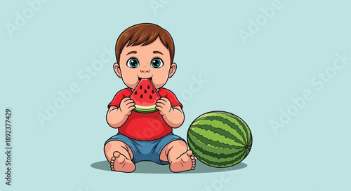Cute Baby Boy Eating Watermelon Fruit Cartoon Illustration Food Concept.