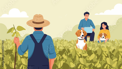 Farmer tending to a crop field with family and dogs enjoying the outdoors