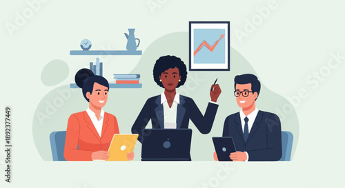 Diverse professionals collaborate in a modern office setting, discussing growth