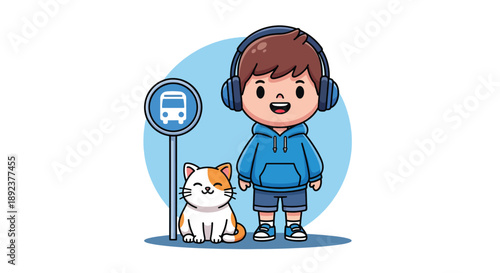 Cute Boy and Cat Waiting for Bus Illustration.