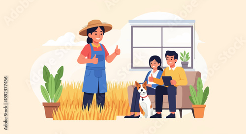 Farmer with a straw hat showing thumbs up, couple with dog on couch