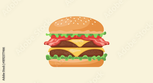 Double cheeseburger with bacon, lettuce, and tomato on a sesame bun