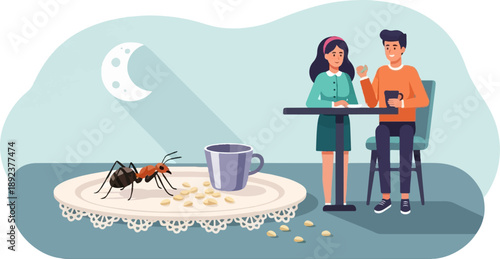 Evening moonlit scene with couple at table and ant on doily