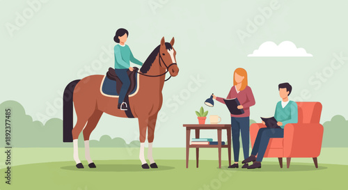 Equestrian rider stands by as people read and study near a table