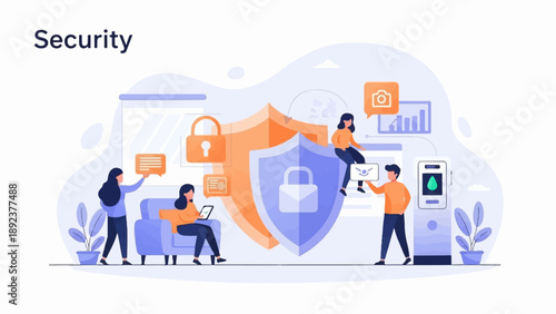 Digital shield with people collaborating on security and data protection