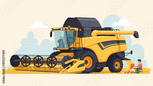 Farmer with dog pauses from harvesting to eat in a sunny field