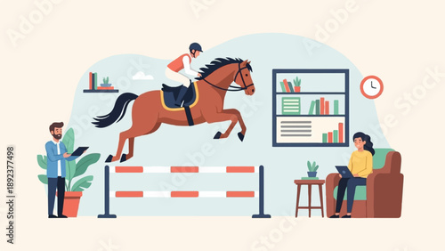 Equestrian jumps over barrier while observers watch indoor training session