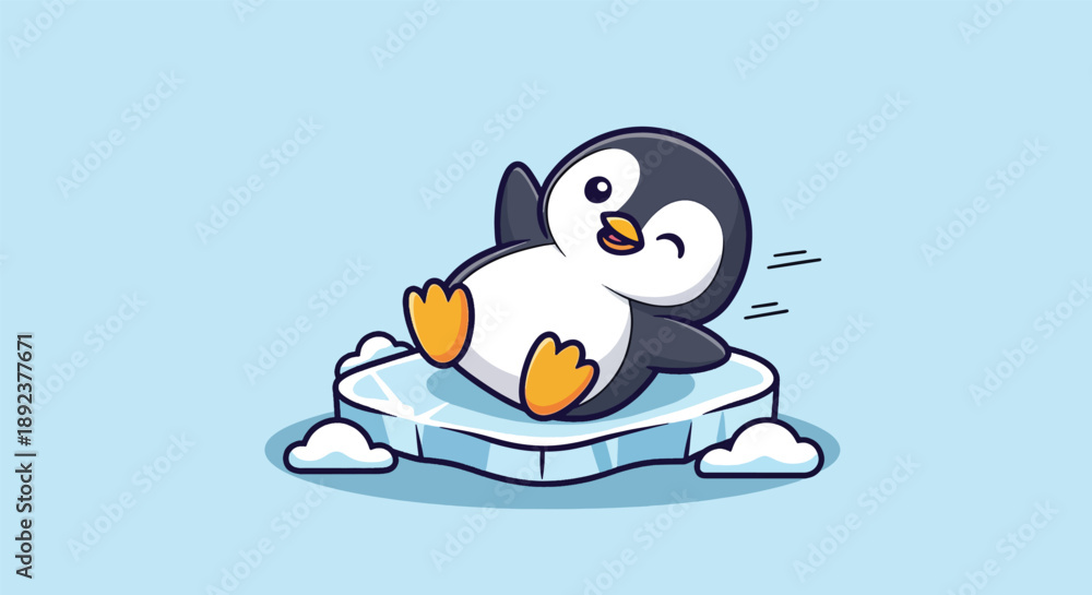 Obraz premium Cute Penguin Sliding on Ice Floe Cartoon Illustration.