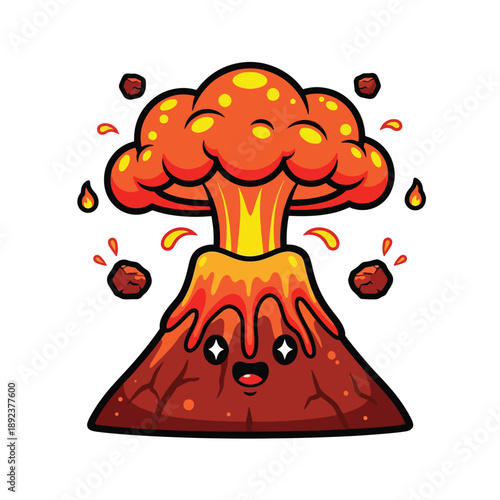 Cute Cartoon Volcano Erupting with Happy Face Illustration.