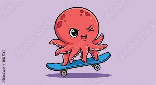 Cute Octopus Skater Cartoon Vector Illustration.