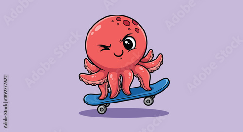 Cute Octopus Winking While Skateboarding on a Purple Background.