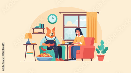 Dog and woman relax indoors with food and drink