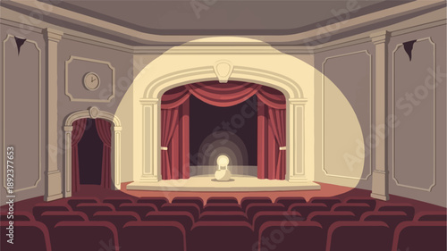 Empty theater with stage spotlight, red seats, curtains and a lone prop
