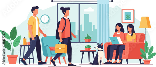 Diverse individuals and a pet enjoy a vibrant indoor scene with city views