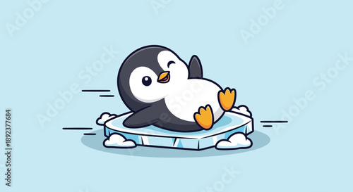 Cute Penguin Relaxing on Ice Floe Cartoon Illustration.
