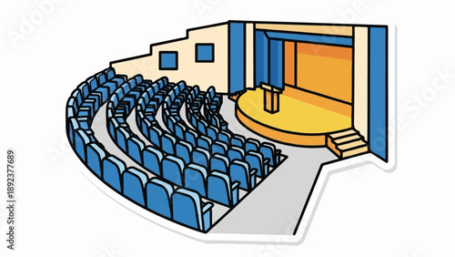 Empty theatre with rows of blue seats facing a stage