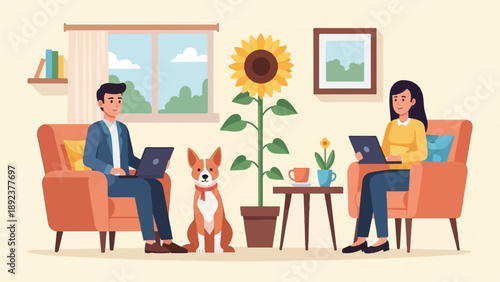 Diverse individuals and pet work comfortably at home with laptops