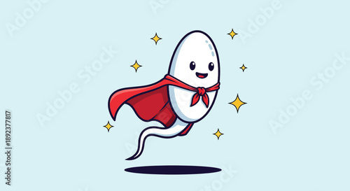 Cute Sperm Character with Red Cape Flying.