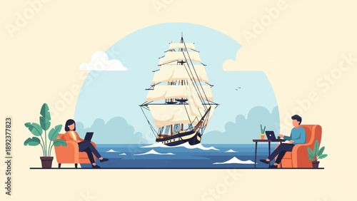 Digital illustration of people working on laptops by a tall ship at sea