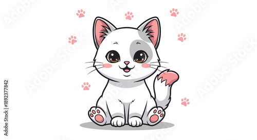 Cute white kitten with pink paws and a grey spot on its head sitting and smiling.