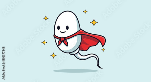 Cute Sperm Wearing Superhero Cape Flying Cartoon Illustration.