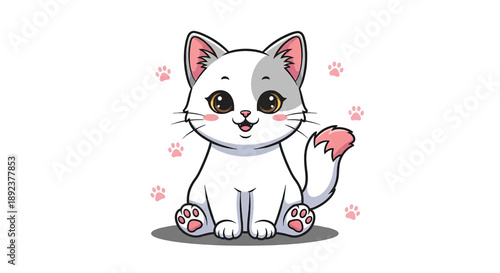 Cute White Cat with Pink Ears and Tail Sitting Happily.