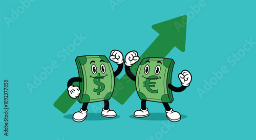 Dollar and Euro characters celebrating financial growth.