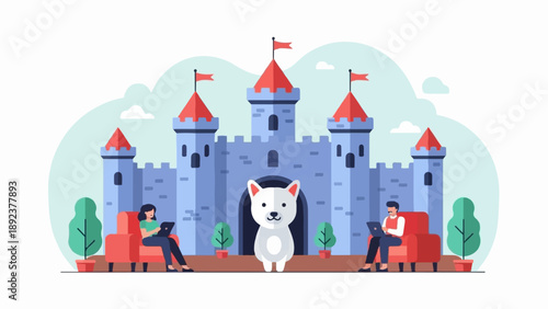 Digital illustration of a cute dog guarding a castle while people relax
