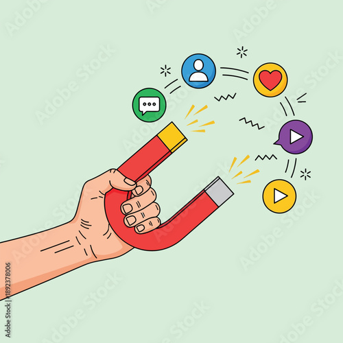 Hand holding a horseshoe magnet attracting social media icons Illustration.