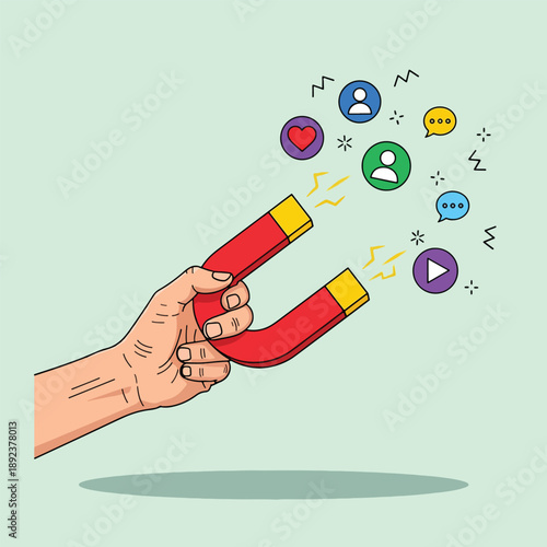 Hand Holding Magnet Attracting Social Media Icons Illustration.