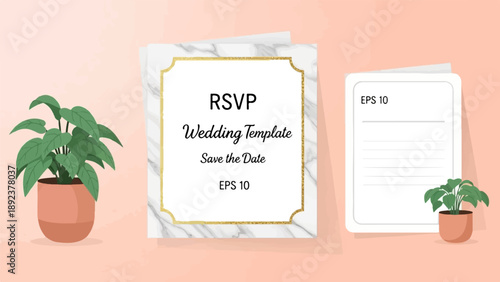 Elegant wedding invitation template with marble border