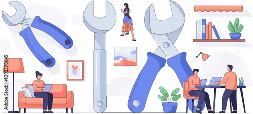 Diverse individuals engage in various tasks and leisure activities