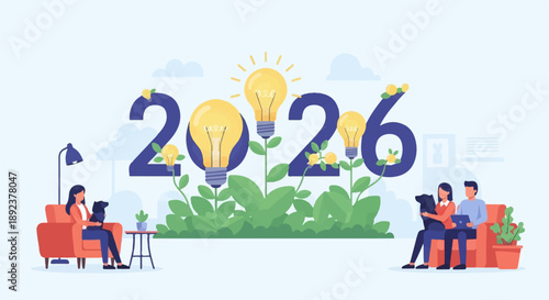 Digital art shows year 2026 with light bulbs growing from plants