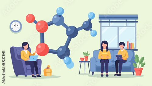 Diverse individuals engaged in learning with a molecular structure