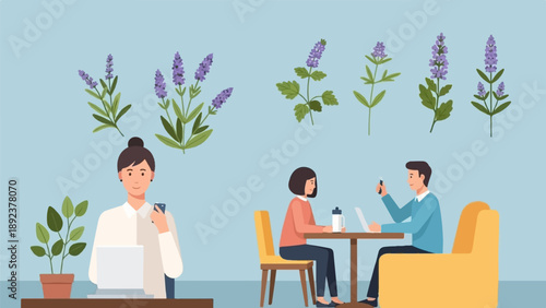 Diverse individuals in a serene, plant-adorned setting, possibly a café or workspace