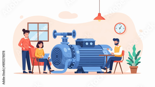 Diverse team collaborating on a large industrial pump project