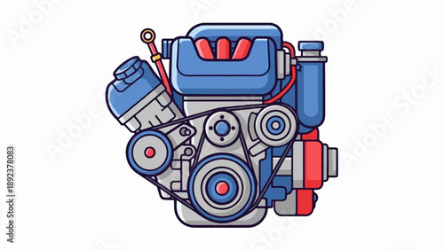 Detailed, stylized illustration of a car engine with blue, grey, and red components
