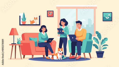 Diverse team collaborating on digital devices in a cozy home setting