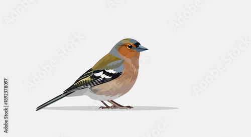 Detailed illustration of a small finch perched on a light gray surface