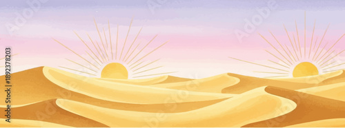 Desert dunes at sunrise with radiating sun and purple sky