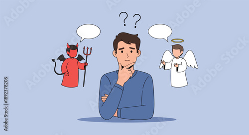 Man torn between good and evil making a difficult decision.