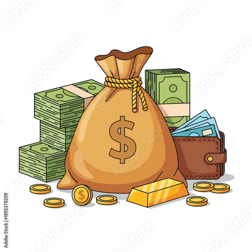 Money Bag With Gold Bar And Stacked Currency.