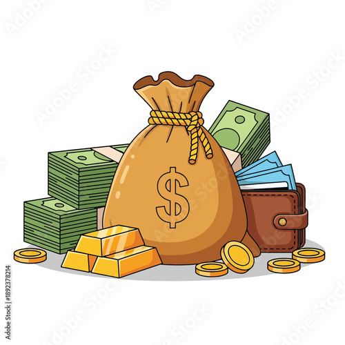 Money Bag with Gold Bars Cash and Coins Illustration.