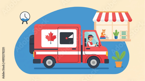 Delivery truck with Canadian flag emblem drives by store window