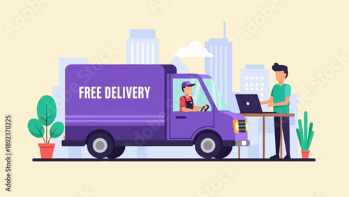 Delivery van driver and recipient at table with laptop