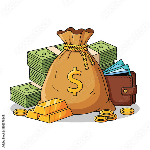 Money Bag with Gold Bars Cash and Coins.