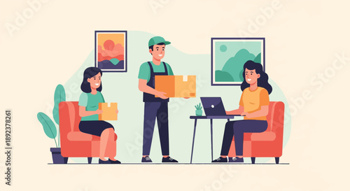 Delivery person hands box to seated woman, another works on laptop