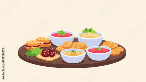 Delicious spread of dips, crackers, and mini burgers on a wooden platter