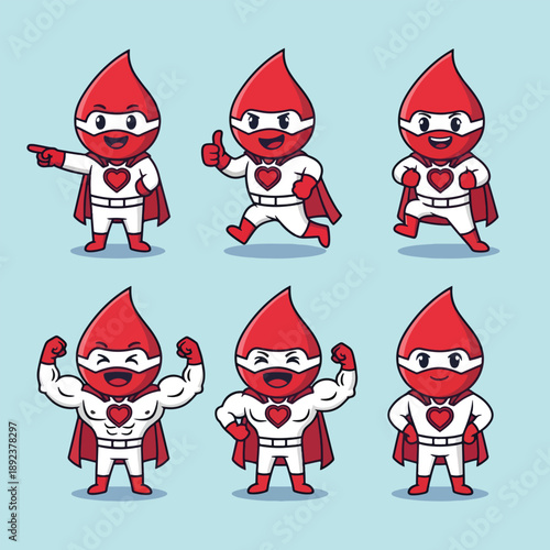 Superhero Blood Drop Character Set Illustration.